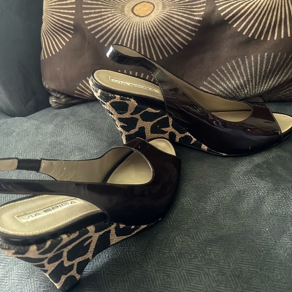 Size 9.5m shoes, brown patent with wedge heels. Like new